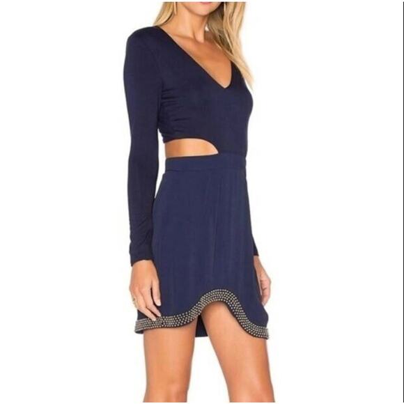 NBD Dress Womens Medium Blue Mini Cocktail Cut Out V-Neck Long Sleeve Bead Trim - Picture 1 of 9